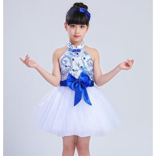 Kids Chinese ancient folk dance costumes for girls china style blue and white drama traditional dance cosplay performance dresses